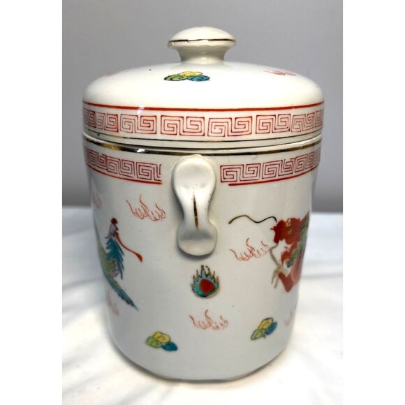 Vintage Chinese Double lid Hand Painted Dragon Phoenix Tea Caddy Satsuma - Picture 2 of 8